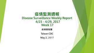 疫情監測週報
Disease Surveillance Weekly Report
4/23－4/29, 2017
Week 17
疾病管制署
Taiwan CDC
May 2, 2017
 