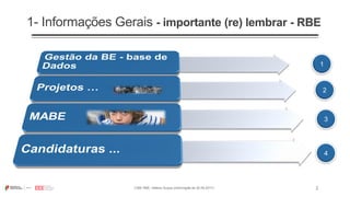 2
1- Informações Gerais - importante (re) lembrar - RBE
1
2
3
4
CIBE RBE: Helena Duque (informação de 30.09.2017)
 