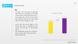 - 헬스
3. 다이어트 시장 트렌드다이어트 시장 현황
• 최근 블로그, 인스타그램, 유튜브 등 SNS를 통해
전문 트레이너가 아닌 일반인들이 다이어트 방법을
소개하고 공유하는 사례가 증가하였으며, 피트니스,
만보계, 칼로리 정보, 다이어트 일기 등 다이어트
관련 모바일 앱이 다양화 되는 등 다이어트 운동에
대한 소비자의 관심이 높음을 알 수 있음.
• 2014년 스포츠 관련 교육기관 매출은 2년 전과
비교하여 30% 증가한 1조 5,160억원으로, 스포츠
교육 뿐 아니라 관련 의류, 기구 등 동반성장이
예상 됨.
또한 스마트헬스케어 산업 분야 역시 건강에 대한
관심과 스마트폰 사용자 수 증가와 사물 인터넷
발달로 인해 급부상 중.
1조 1,661억
1조 5,160억
2012 2014
스포츠 관련 교육 기관 매출
30% 성장
출처 : 문화체육 관광부 보고서, 대신증권 ‘다이어트 푸드 산업과 스마트 헬스케어 시장이 만드는 경제효과’ 재인용
 