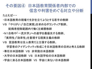 その要因④ 日本語教育関係者内部での
信念や利害をめぐる対立や分断
たとえば・・・
・日本語教育の現場で生計を立てようとする若手の教師
ＶＳ 「やりがい」「自己実現」を求めるボランティア教師、
配偶者控除範囲内で働く主婦層教師
・Ｎ１合格や「一流大学」への進学を最優先する教師、
「実用性」「効率性」を重視する現実主義の教師
ＶＳ 言語教育は全人教育だと主張する教師、
学習者のアイデンティティ形成こそ日本語教育の目的と考える教師
・専任日本語教師 ＶＳ 非常勤日本語教師
・大学の日本語教師 ＶＳ 日本語学校の日本語教師
・学会に来る日本語教師 VS 学会に来ない日本語教師
 