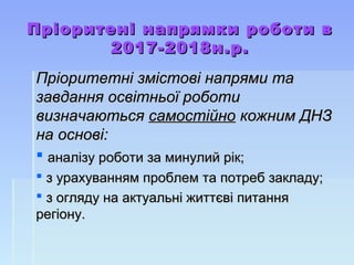 Пріоритені напрямки роботи вПріоритені напрямки роботи в
2017-2018н.р.2017-2018н.р.
Пріоритетні змістові напрями таПріоритетні змістові напрями та
завдання освітньої роботизавдання освітньої роботи
визначаютьсявизначаються самостійносамостійно кожним ДНЗкожним ДНЗ
на основі:на основі:
 аналізу роботи за минулий рік;аналізу роботи за минулий рік;
 з урахуванням проблем та потреб закладу;з урахуванням проблем та потреб закладу;
 з огляду на актуальні життєві питанняз огляду на актуальні життєві питання
регіону.регіону.
 
