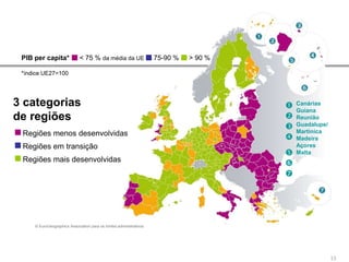 3 categorias
de regiões
< 75 % da média da UEPIB per capita*
*índice UE27=100
75-90 % > 90 %
Regiões menos desenvolvidas
Regiões em transição
Regiões mais desenvolvidas
© EuroGeographics Association para os limites administrativos







Canárias
Guiana
Reunião
Guadalupe/
Martinica
Madeira
Açores
Malta
15
 