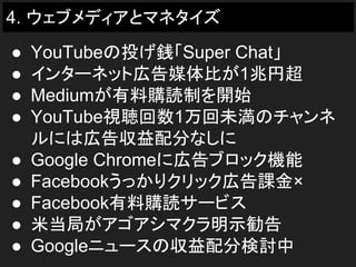 4. ウェブメディアとマネタイズ
● YouTubeの投げ銭「Super Chat」
● インターネット広告媒体比が1兆円超
● Mediumが有料購読制を開始
● YouTube視聴回数1万回未満のチャンネ
ルには広告収益配分なしに
● Google Chromeに広告ブロック機能
● Facebookうっかりクリック広告課金×
● Facebook有料購読サービス
● 米当局がアゴアシマクラ明示勧告
● Googleニュースの収益配分検討中
 