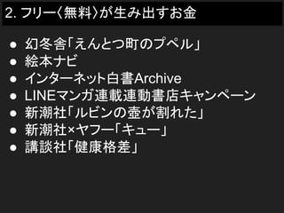 2. フリー〈無料〉が生み出すお金
● 幻冬舎「えんとつ町のプペル」
● 絵本ナビ
● インターネット白書Archive
● LINEマンガ連載連動書店キャンペーン
● 新潮社「ルビンの壺が割れた」
● 新潮社×ヤフー「キュー」
● 講談社「健康格差」
 