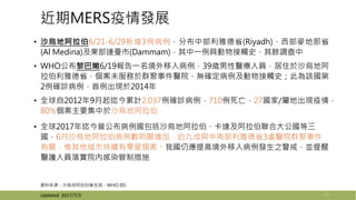 近期MERS疫情發展
• 沙烏地阿拉伯6/21-6/29新增3例病例，分布中部利雅德省(Riyadh)、西部麥地那省
(Al Medina)及東部達曼市(Dammam)，其中一例具動物接觸史，其餘調查中
• WHO公布黎巴嫩6/19報告一名境外移入病例，39歲男性醫療人員，居住於沙烏地阿
拉伯利雅德省，個案未服務於群聚事件醫院、無確定病例及動物接觸史；此為該國第
2例確診病例，首例出現於2014年
• 全球自2012年9月起迄今累計2,037例確診病例，710例死亡，27國家/屬地出現疫情，
80%個案主要集中於沙烏地阿拉伯
• 全球2017年迄今曾公布病例國包括沙烏地阿拉伯、卡達及阿拉伯聯合大公國等三
國，6月沙烏地阿拉伯病例數明顯增加，近九成與中南部利雅德省3處醫院群聚事件
有關，惟其他城市持續有零星個案。我國仍應提高境外移入病例發生之警戒，並提醒
醫護人員落實院內感染管制措施
17
資料來源：沙烏地阿拉伯衛生部、WHO EIS
Updated: 2017/7/3
 