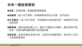 未來一週疫情預測
流感：疫情持續，惟預期將逐漸趨緩
恙蟲病：進入流行季節，新增個案感染地以花東、金門為多
日本腦炎：進入流行季節，新增個案以南高屏為多，其餘縣市可能
出現病例
腸病毒：輕症疫情持續上升，最快下週達流行閾值；重症病例可能
出現，社區持續有腸病毒71型病毒活動
登革熱：東南亞國家疫情升溫，近期仍有短暫陣雨，境外移入及本
土疫情風險增加
22Updated: 2017/7/4
 