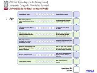 [Oficina Abordagem do Tabagismo]
Leonardo Cançado Monteiro Savassi
Universidade Federal de Ouro Preto
• CAT
VOLTAR
 