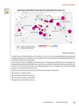 Vestibular Estadual 2017 1ª fase Exame de Qualificação 33
CIências humanas
QUESTÃO
54
As agências de classificação de risco avaliam a maior ou menor possibilidade de prejuízo que
cada país oferece aos investidores, principalmente em função do grau de estabilidade política e
econômica desses mesmos países.
Com base no mapa, é possível reconhecer que a China tem grande peso como investidor em
dois grupos de países classificados como de alto risco. O primeiro grupo é o dos aliados políticos,
como o Irã e a Coreia do Norte. Já o segundo grupo inclui as nações nas quais os chineses
possuem um forte interesse comercial.
Um fator econômico prioritário que justifica esse interesse comercial é:
(A) incentivo à indústria local
(B) desenvolvimento de tecnologia
(C) acesso ao mercado consumidor
(D) suprimento de matérias-primas
Importância do Investimento externo direto de origem chinesa entre 2005 e 2013
Adaptado de nytimes.com.
Equador: 57%
Serra Leoa: 70%
Venezuela: 12%
Zimbábue: 82%
Sri Lanka: 27%
Iraque: 38%
Afeganistão: 79%
Coreia do Norte: 93%
50%
20%
O tamanho do círculo representa a
proporção do investimento externo
de origem chinesa em cada país.
países de alto risco países sem risco
 