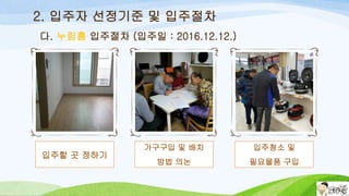입주할 곳 정하기
가구구입 및 배치
방법 의논
입주청소 및
필요물품 구입
2. 입주자 선정기준 및 입주절차
다. 누림홈 입주절차 (입주일 : 2016.12.12.)
 