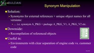 10 of 44
Synonym Manipulation
Solution:
Synonyms for external references + unique object names for all
versions:
 … i.e. synonym A_PKG + package A_PKG_V1, A_PKG_V2 etc.
Downside:
Recompilation of referenced objects
Useful in:
Environments with clear separation of engine code vs. customer
code
 