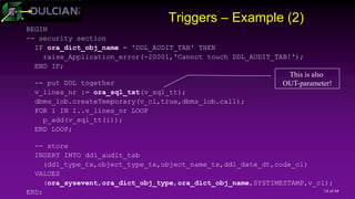 14 of 44
Triggers – Example (2)
BEGIN
-- security section
IF ora_dict_obj_name = 'DDL_AUDIT_TAB' THEN
raise_Application_error(-20001,'Cannot touch DDL_AUDIT_TAB!');
END IF;
-- put DDL together
v_lines_nr := ora_sql_txt(v_sql_tt);
dbms_lob.createTemporary(v_cl,true,dbms_lob.call);
FOR i IN 1..v_lines_nr LOOP
p_add(v_sql_tt(i));
END LOOP;
-- store
INSERT INTO ddl_audit_tab
(ddl_type_tx,object_type_tx,object_name_tx,ddl_date_dt,code_cl)
VALUES
(ora_sysevent,ora_dict_obj_type,ora_dict_obj_name,SYSTIMESTAMP,v_cl);
END;
This is also
OUT-parameter!
 