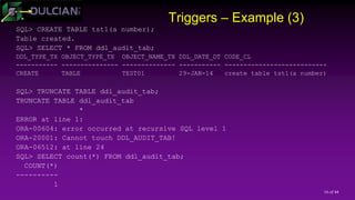 16 of 44
Triggers – Example (3)
SQL> CREATE TABLE tst1(a number);
Table created.
SQL> SELECT * FROM ddl_audit_tab;
DDL_TYPE_TX OBJECT_TYPE_TX OBJECT_NAME_TX DDL_DATE_DT CODE_CL
----------- --------------- -------------- ----------- ---------------------------
CREATE TABLE TEST01 29-JAN-14 create table tst1(a number)
SQL> TRUNCATE TABLE ddl_audit_tab;
TRUNCATE TABLE ddl_audit_tab
*
ERROR at line 1:
ORA-00604: error occurred at recursive SQL level 1
ORA-20001: Cannot touch DDL_AUDIT_TAB!
ORA-06512: at line 24
SQL> SELECT count(*) FROM ddl_audit_tab;
COUNT(*)
----------
1
 