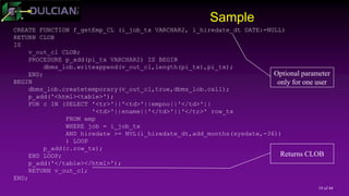 19 of 44
Sample
CREATE FUNCTION f_getEmp_CL (i_job_tx VARCHAR2, i_hiredate_dt DATE:=NULL)
RETURN CLOB
IS
v_out_cl CLOB;
PROCEDURE p_add(pi_tx VARCHAR2) IS BEGIN
dbms_lob.writeappend(v_out_cl,length(pi_tx),pi_tx);
END;
BEGIN
dbms_lob.createtemporary(v_out_cl,true,dbms_lob.call);
p_add('<html><table>');
FOR c IN (SELECT '<tr>'||'<td>'||empno||'</td>'||
'<td>'||ename||'</td>'||'</tr>' row_tx
FROM emp
WHERE job = i_job_tx
AND hiredate >= NVL(i_hiredate_dt,add_months(sysdate,-36))
) LOOP
p_add(c.row_tx);
END LOOP;
p_add('</table></html>');
RETURN v_out_cl;
END;
Optional parameter
only for one user
Returns CLOB
 