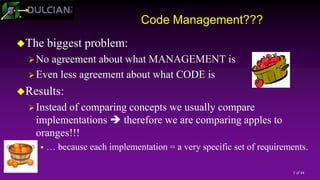 3 of 44
Code Management???
The biggest problem:
No agreement about what MANAGEMENT is
Even less agreement about what CODE is
Results:
Instead of comparing concepts we usually compare
implementations  therefore we are comparing apples to
oranges!!!
 … because each implementation = a very specific set of requirements.
 