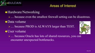 40 of 44
Areas of Interest
Hardware/Networking
… because even the smallest firewall setting can be disastrous.
Data volume
… because PROD is ALWAYS larger than TEST.
User volume
… because Oracle has lots of shared resources, you can
encounter unexpected bottlenecks.
 