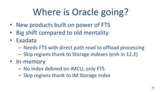 Where is Oracle going?
• New products built on power of FTS
• Big shift compared to old mentality
• Exadata
– Needs FTS wi...