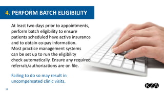 12
At least two days prior to appointments,
perform batch eligibility to ensure
patients scheduled have active insurance
and to obtain co-pay information.
Most practice management systems
can be set up to run the eligibility
check automatically. Ensure any required
referrals/authorizations are on file.
Failing to do so may result in
uncompensated clinic visits.
4. PERFORM BATCH ELIGIBILITY
 