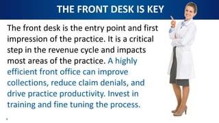 THE FRONT DESK IS KEY
The front desk is the entry point and first
impression of the practice. It is a critical
step in the revenue cycle and impacts
most areas of the practice. A highly
efficient front office can improve
collections, reduce claim denials, and
drive practice productivity. Invest in
training and fine tuning the process.
4
 