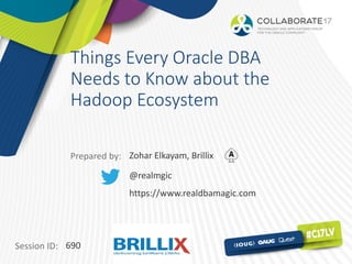 Session ID:
Prepared by:
Things Every Oracle DBA
Needs to Know about the
Hadoop Ecosystem
690
Zohar Elkayam, Brillix
@realmgic
https://www.realdbamagic.com
 