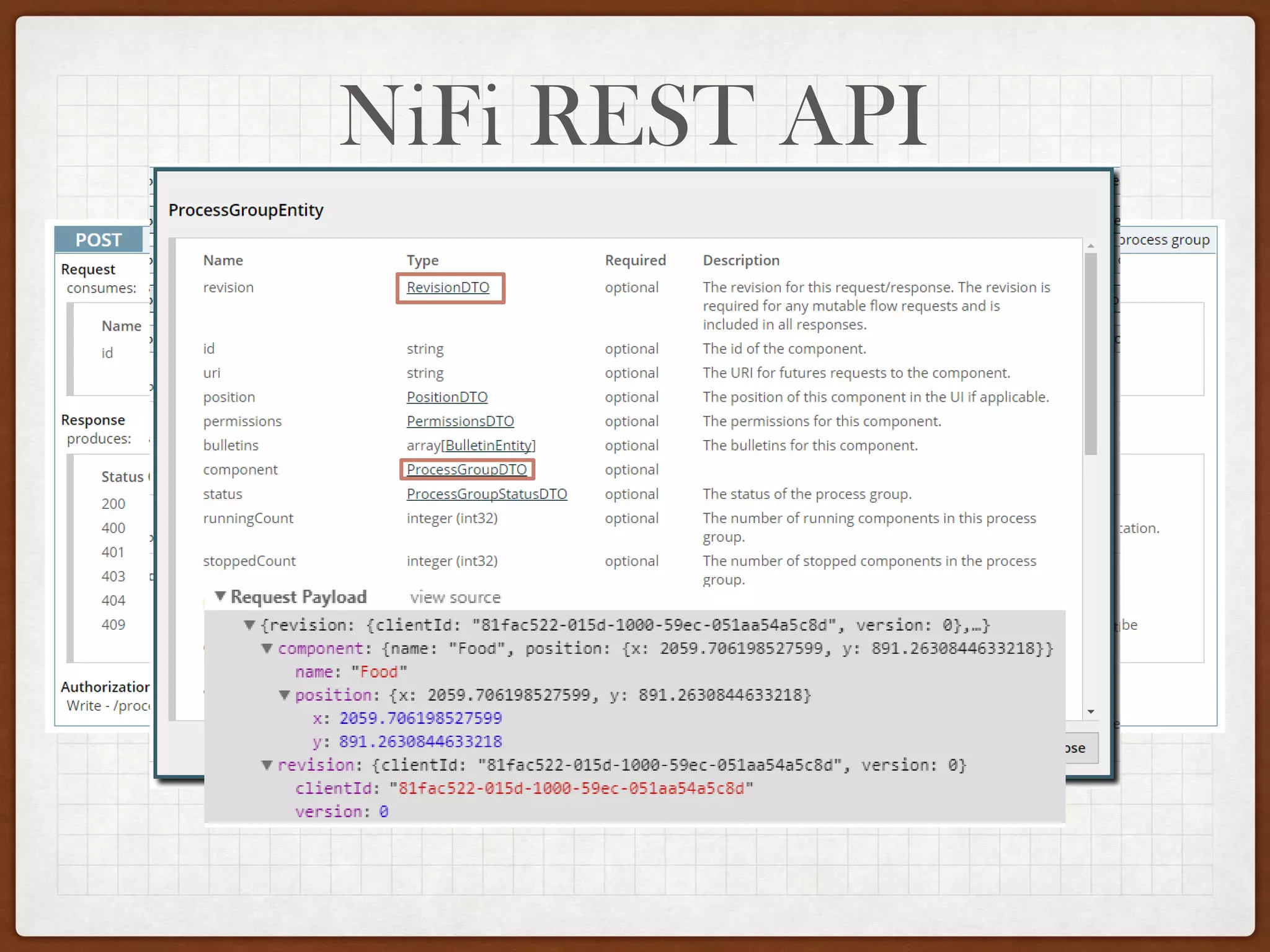 NiFi REST API
• RevisionDTO
 