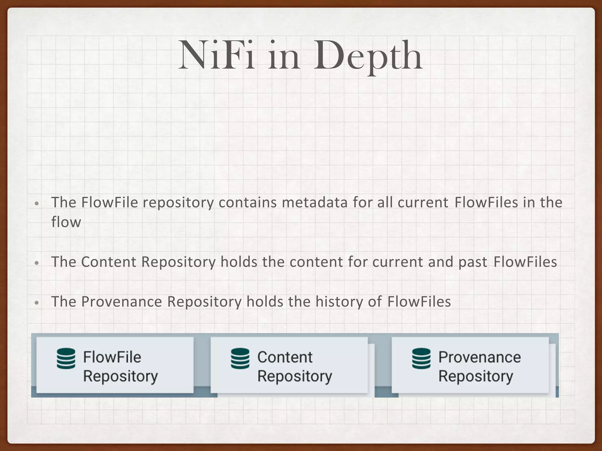 NiFi in Depth
• The FlowFile repository contains metadata for all current FlowFiles in the
flow
• The Content Repository holds the content for current and past FlowFiles
• The Provenance Repository holds the history of FlowFiles
 
