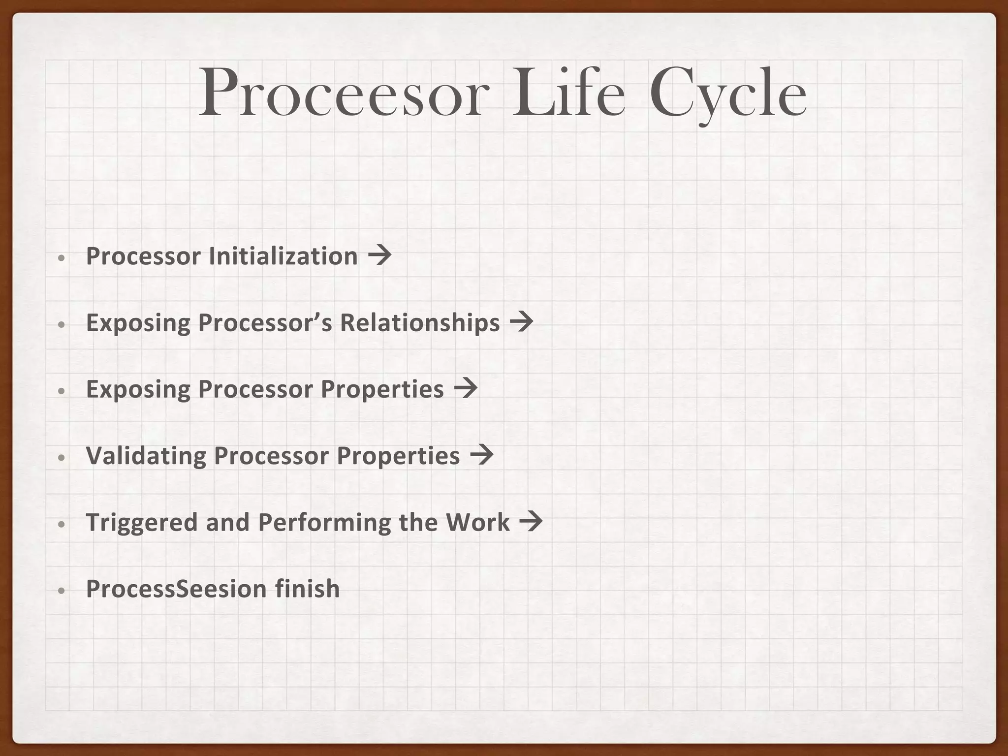 Proceesor Life Cycle
• Processor Initialization →
• Exposing Processor’s Relationships →
• Exposing Processor Properties →
• Validating Processor Properties →
• Triggered and Performing the Work →
• ProcessSeesion finish
 
