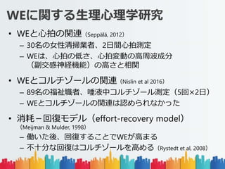 WEvѧо
? WEĤvBSepp?l?, 2012
C 30ŮߘIߡ2gĜy
C WEϡĤεͤĉӤθܲɷ
UCܣθߤv
? WEȥ`vBNislin et al 2016
C 89θߡҺХ`y5ء2գ
C WEȥ`vBJʤä
? ģ؏ͥǥ루effort-recovery model
Meijman & Mulder, 1998
C Pᡢ؏ͤ뤳ȤWEߤޤ
C ʮ֤ʻ؏ͤϥ`ߤ루Rystedt et al, 2008
 