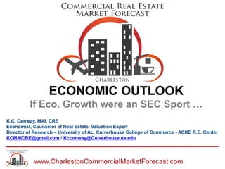 www.CharlestonCommercialMarketForecast.com
ECONOMIC OUTLOOK
If Eco. Growth were an SEC Sport …
K.C. Conway, MAI, CRE
Economist, Counselor of Real Estate, Valuation Expert
Director of Research – University of AL, Culverhouse College of Commerce - ACRE R.E. Center
KCMAICRE@gmail.com / Kcconway@Culverhouse.ua.edu
 