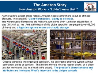 20
The Amazon Story
How Amazon Works - “I didn’t know that!”
As the world's largest online retailer, Amazon needs somewhere to put all of those
products. The solution? Giant warehouses. Eighty to be exact..
The warehouses themselves are massive, with some over 1.2 million square feet in
size (111,484 sq. m). And at the heart of this global operation are people (over 65,000
of them), and a logistics system known as chaotic storage.
Chaotic storage is like organized confusion. It's an organic shelving system without
permanent areas or sections. That means there is no area just for books, or a place
just for televisions (like in a retail store layout). The product's characteristics and
attributes are irrelevant. What's important is the unique barcode
 