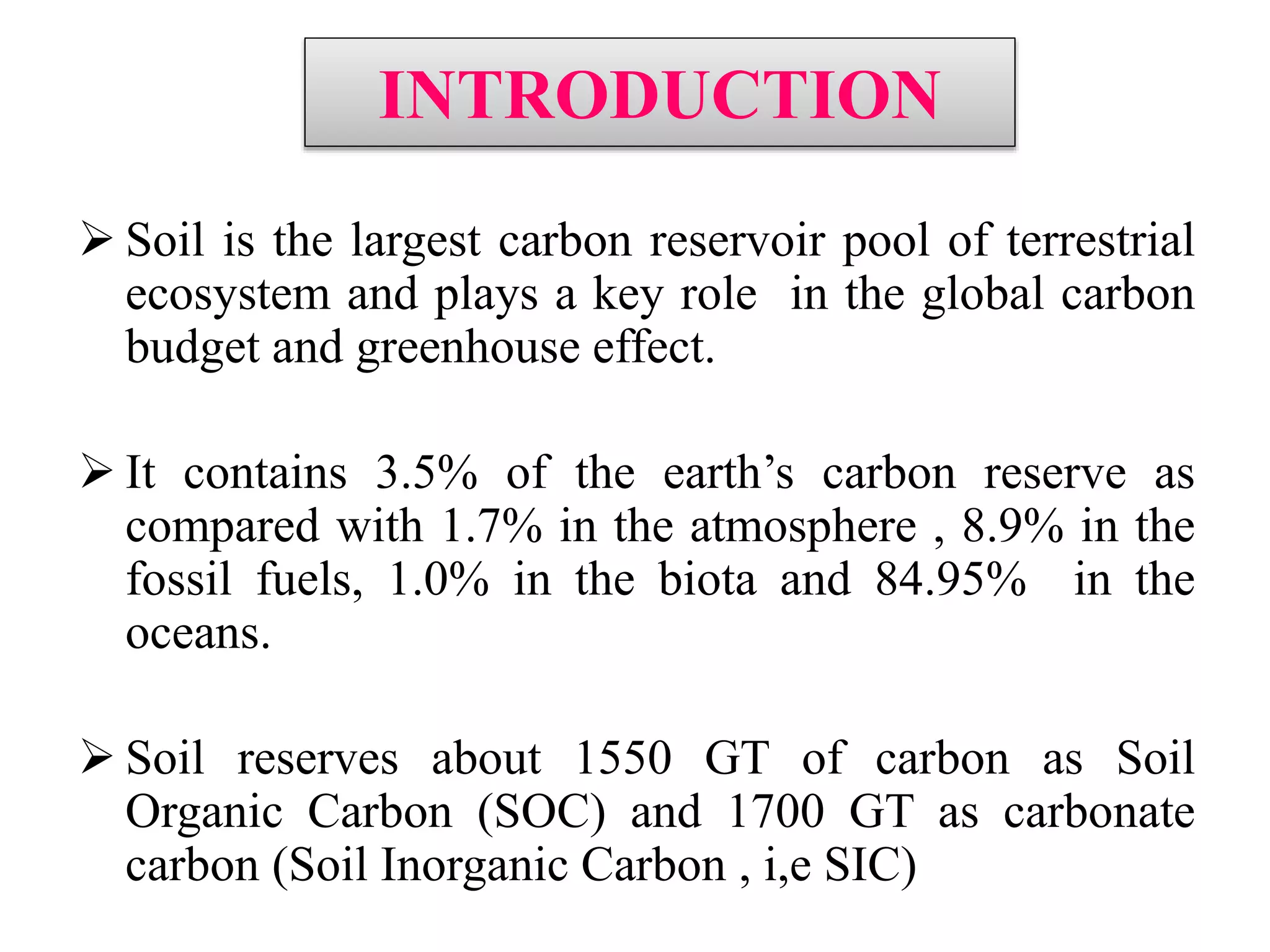 INTRODUCTION
 Soil is the largest carbon reservoir pool of terrestrial
ecosystem and plays a key role in the global carbon
budget and greenhouse effect.
 It contains 3.5% of the earth’s carbon reserve as
compared with 1.7% in the atmosphere , 8.9% in the
fossil fuels, 1.0% in the biota and 84.95% in the
oceans.
 Soil reserves about 1550 GT of carbon as Soil
Organic Carbon (SOC) and 1700 GT as carbonate
carbon (Soil Inorganic Carbon , i,e SIC)
 