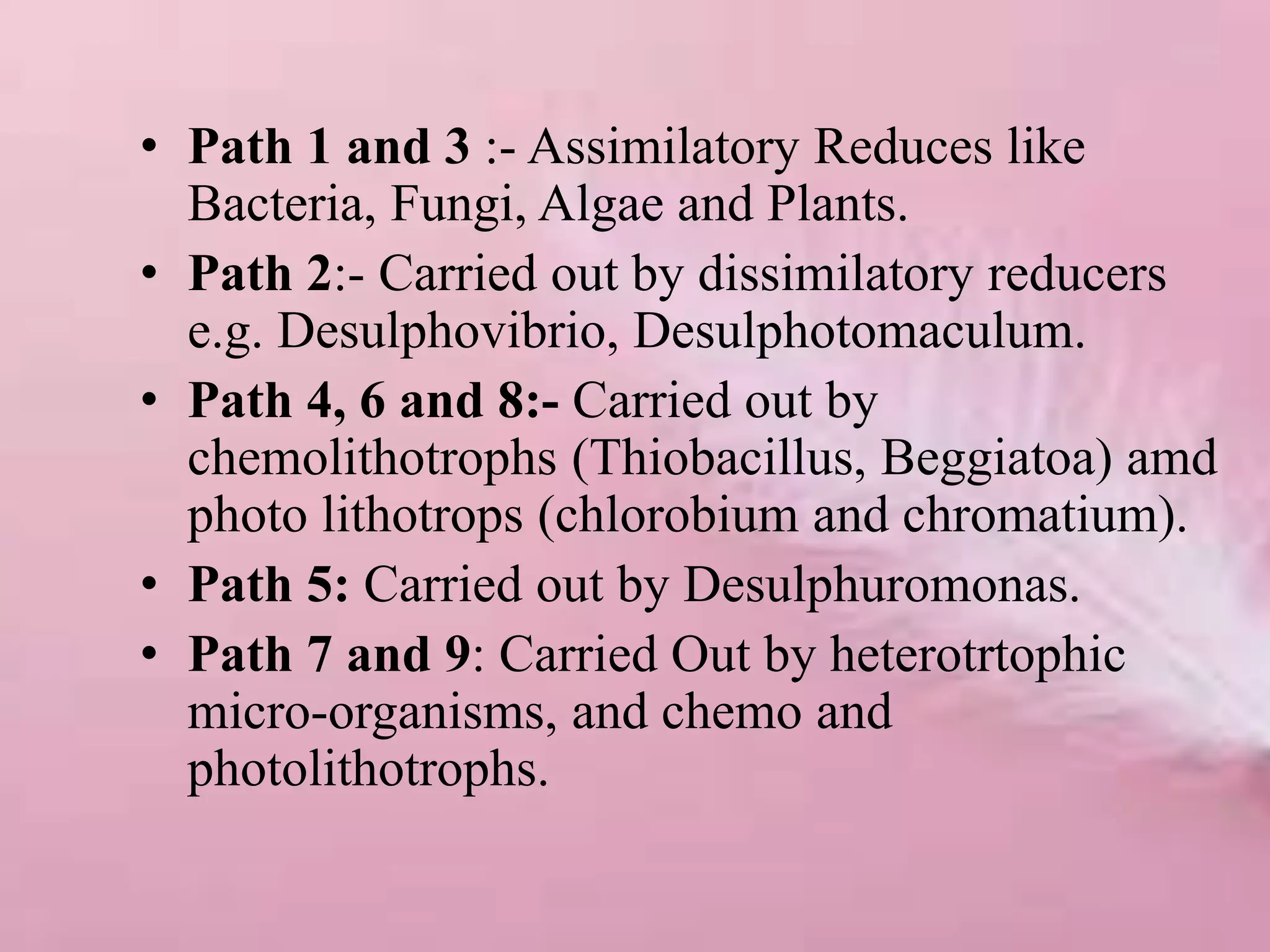 • Path 1 and 3 :- Assimilatory Reduces like
Bacteria, Fungi, Algae and Plants.
• Path 2:- Carried out by dissimilatory reducers
e.g. Desulphovibrio, Desulphotomaculum.
• Path 4, 6 and 8:- Carried out by
chemolithotrophs (Thiobacillus, Beggiatoa) amd
photo lithotrops (chlorobium and chromatium).
• Path 5: Carried out by Desulphuromonas.
• Path 7 and 9: Carried Out by heterotrtophic
micro-organisms, and chemo and
photolithotrophs.
 