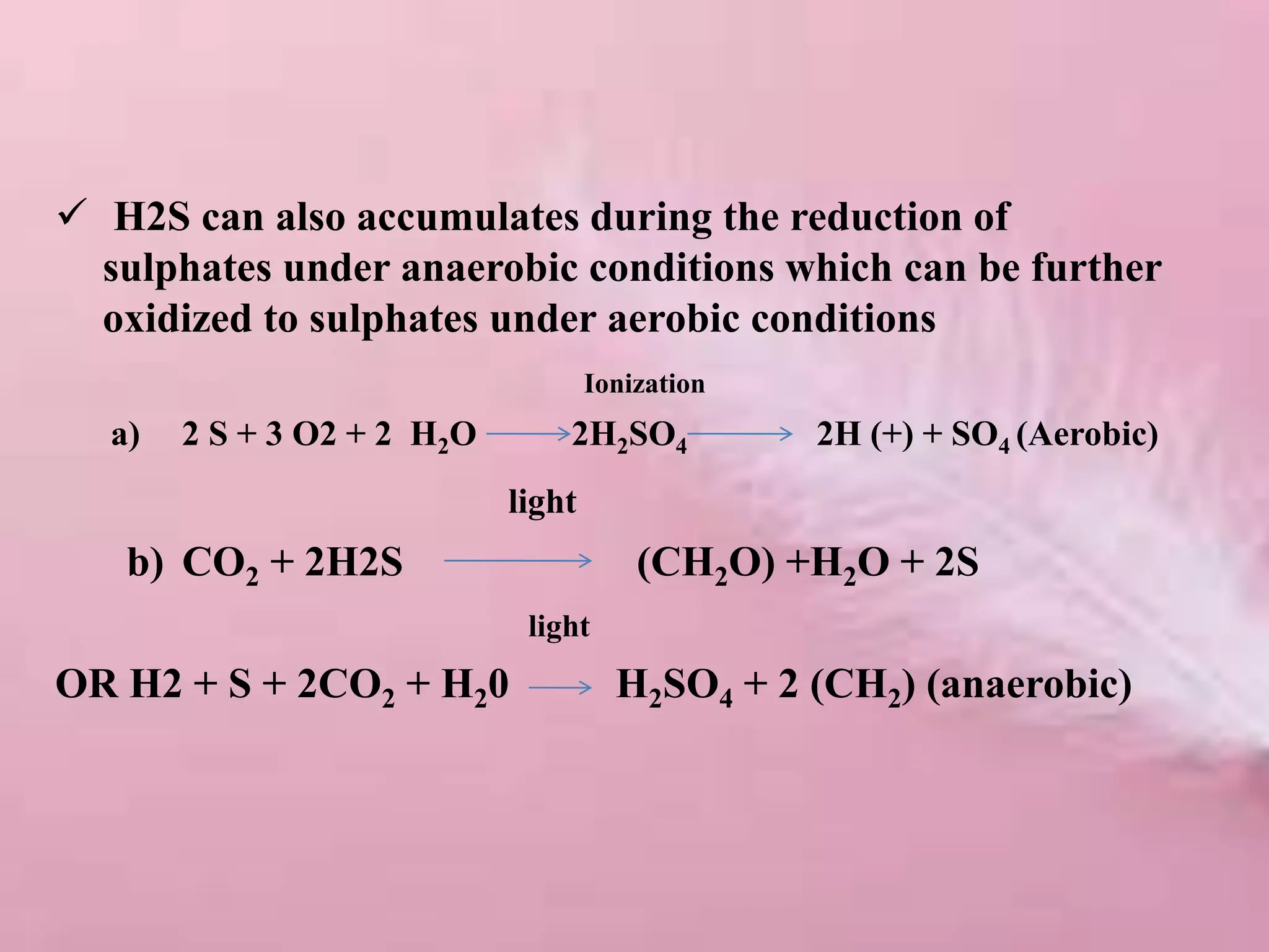  H2S can also accumulates during the reduction of
sulphates under anaerobic conditions which can be further
oxidized to sulphates under aerobic conditions
Ionization
a) 2 S + 3 O2 + 2 H2O 2H2SO4 2H (+) + SO4 (Aerobic)
light
b) CO2 + 2H2S (CH2O) +H2O + 2S
light
OR H2 + S + 2CO2 + H20 H2SO4 + 2 (CH2) (anaerobic)
 