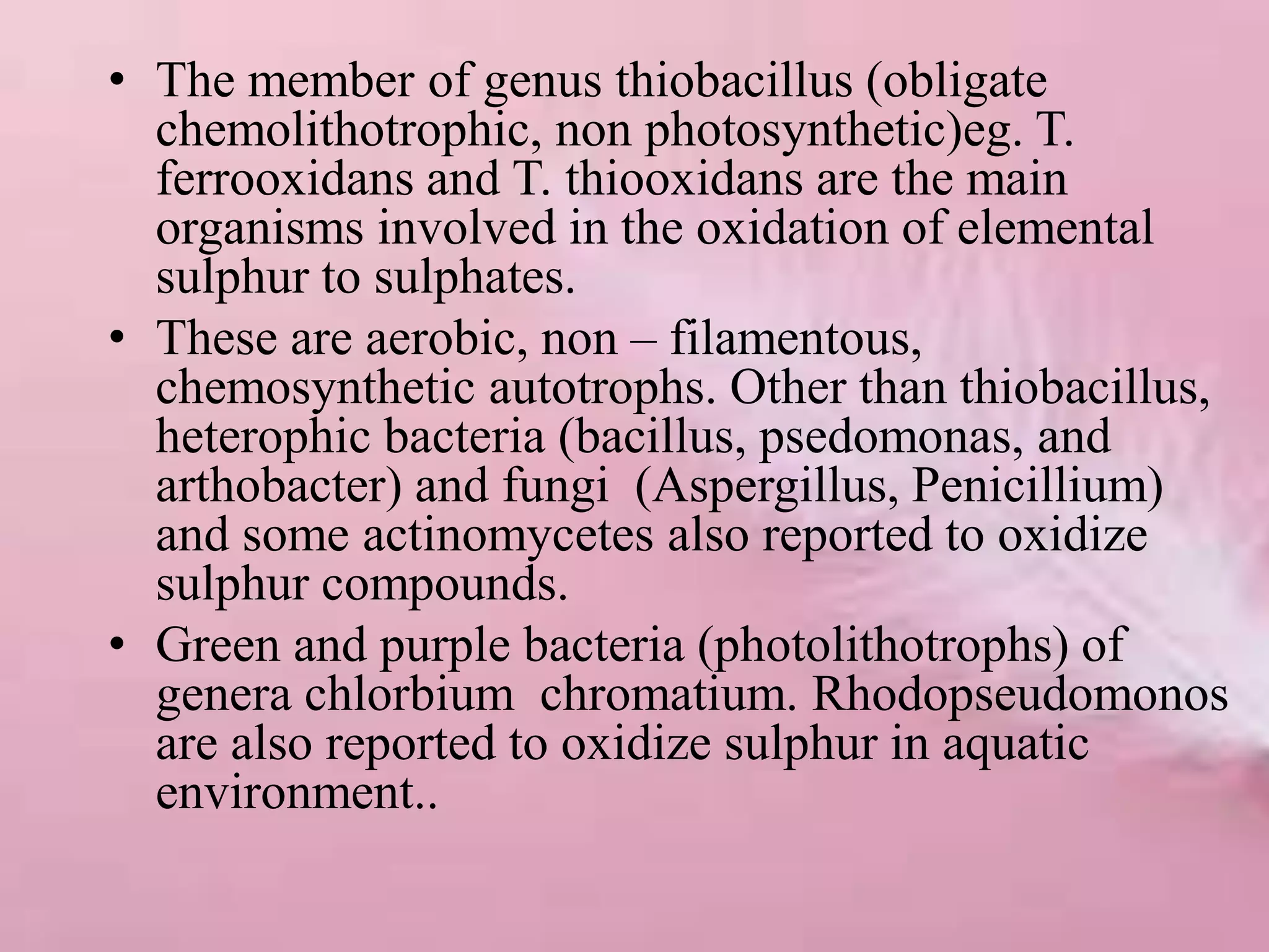 • The member of genus thiobacillus (obligate
chemolithotrophic, non photosynthetic)eg. T.
ferrooxidans and T. thiooxidans are the main
organisms involved in the oxidation of elemental
sulphur to sulphates.
• These are aerobic, non – filamentous,
chemosynthetic autotrophs. Other than thiobacillus,
heterophic bacteria (bacillus, psedomonas, and
arthobacter) and fungi (Aspergillus, Penicillium)
and some actinomycetes also reported to oxidize
sulphur compounds.
• Green and purple bacteria (photolithotrophs) of
genera chlorbium chromatium. Rhodopseudomonos
are also reported to oxidize sulphur in aquatic
environment..
 