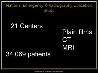 Hoffman JR et al. N Eng J Med. 2000;343(2):94-99.
21 Centers
Plain films
CT
MRI
34,069 patients
 