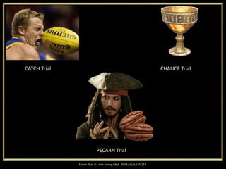 Easter JS et al. Ann Emerg Med. 2014;64(2):145-152
CATCH Trial CHALICE Trial
PECARN Trial
 