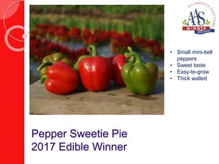 Pepper Sweetie Pie
2017 Edible Winner
• Small mini-bell
peppers
• Sweet taste
• Easy-to-grow
• Thick walled
 