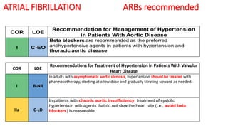 ATRIAL FIBRILLATION ARBs recommended
COR LOE
Recommendations for Treatment of Hypertension in Patients With Valvular
Heart Disease
I B-NR
In adults with asymptomatic aortic stenosis, hypertension should be treated with
pharmacotherapy, starting at a low dose and gradually titrating upward as needed.
IIa C-LD
In patients with chronic aortic insufficiency, treatment of systolic
hypertension with agents that do not slow the heart rate (i.e., avoid beta
blockers) is reasonable.
 