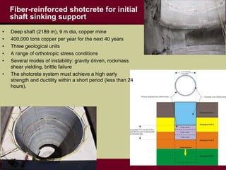 Fiber-reinforced shotcrete for initial
shaft sinking support
• Deep shaft (2189 m), 9 m dia, copper mine
• 400,000 tons copper per year for the next 40 years
• Three geological units
• A range of orthotropic stress conditions
• Several modes of instability: gravity driven, rockmass
shear yielding, brittle failure
• The shotcrete system must achieve a high early
strength and ductility within a short period (less than 24
hours).
 