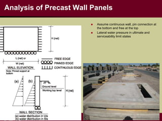 Analysis of Precast Wall Panels
 Assume continuous wall, pin connection at
the bottom and free at the top
 Lateral water pressure in ultimate and
serviceability limit states
 