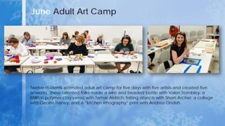 June Adult Art Camp
Twelve students attended adult art camp for five days with five artists and created five
artworks. These talented folks made a wire and beaded bottle with Valeri Trombley; a
Millifori polymer clay vessel with Tamar Aldrich; felting objects with Sherri Archer; a collage
with Geoffe Haney; and a “kitchen lithography” print with Andrea Ondish.
 