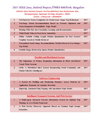 2017 IEEE Java, Android Projects,TMKS InfoTech, Bangalore
#1510,Sri Gowri Shankara Complex, 2nd Floor,MKK Road, Near Harishchandra Ghat,
Mariyappanapalya, Rajajinagar 2nd Stage, Bangalore - 560021.
Contact :: K.Manjunath -- 09535866270
2 Tri-Clustered Tensor Completion for Social-Aware Image Tag Refinement 2017
3 Two-Stage Friend Recommendation Based on Network Alignment and
Series-Expansion of Probabilistic Topic Model
2017
4 Hashing With Pair wise Correlation Learning and Reconstruction 2017
5 Multi-Modal Video-to-Near-Scene Annotation 2017
6 Online Variable Coding Length Product Quantization for Fast Nearest
Neighbor Search in Mobile Retrieval
2017
7 Personalized Social Image Recommendation Method Based on User-Image-
Tag Model
2017
8 Scalable Image Retrieval by Sparse Product Quantization
Parallel and Distributed System
1 The Importance of Worker Reputation Information in Micro task-Based
Crowd Work Systems
2017
2 iASK: A Distributed Q&A System Incorporating Social Community and
Global Collective Intelligence
2017
Software Engineering
1 A System for Profiling and Monitoring Database Access Patterns by
Application Programs for Anomaly Detection
2017
2 Improving Automated Bug Triaging with Specialized Topic Model 2017
Intelligent Transport Systems And Web Service
1 A Multi-Agent Advanced Traveler Information System for Optimal Trip
Planning in a Co-Modal Framework
2017
2 A Web Service Discovery Approach Based on Common Topic Groups
Extraction
2017
 