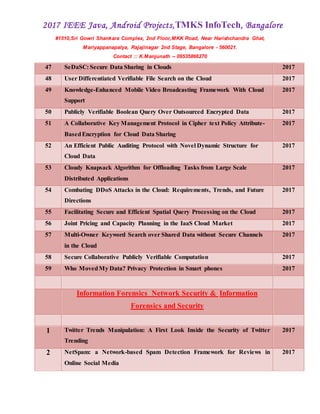 2017 IEEE Java, Android Projects,TMKS InfoTech, Bangalore
#1510,Sri Gowri Shankara Complex, 2nd Floor,MKK Road, Near Harishchandra Ghat,
Mariyappanapalya, Rajajinagar 2nd Stage, Bangalore - 560021.
Contact :: K.Manjunath -- 09535866270
47 SeDaSC: Secure Data Sharing in Clouds 2017
48 User Differentiated Verifiable File Search on the Cloud 2017
49 Knowledge-Enhanced Mobile Video Broadcasting Framework With Cloud
Support
2017
50 Publicly Verifiable Boolean Query Over Outsourced Encrypted Data 2017
51 A Collaborative Key Management Protocol in Cipher text Policy Attribute-
BasedEncryption for Cloud Data Sharing
2017
52 An Efficient Public Auditing Protocol with Novel Dynamic Structure for
Cloud Data
2017
53 Cloudy Knapsack Algorithm for Offloading Tasks from Large Scale
Distributed Applications
2017
54 Combating DDoS Attacks in the Cloud: Requirements, Trends, and Future
Directions
2017
55 Facilitating Secure and Efficient Spatial Query Processing on the Cloud 2017
56 Joint Pricing and Capacity Planning in the IaaS Cloud Market 2017
57 Multi-Owner Keyword Search over Shared Data without Secure Channels
in the Cloud
2017
58 Secure Collaborative Publicly Verifiable Computation 2017
59 Who MovedMy Data? Privacy Protection in Smart phones 2017
Information Forensics Network Security & Information
Forensics and Security
1 Twitter Trends Manipulation: A First Look Inside the Security of Twitter
Trending
2017
2 NetSpam: a Network-based Spam Detection Framework for Reviews in
Online Social Media
2017
 