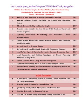 2017 IEEE Java, Android Projects,TMKS InfoTech, Bangalore
#1510,Sri Gowri Shankara Complex, 2nd Floor,MKK Road, Near Harishchandra Ghat,
Mariyappanapalya, Rajajinagar 2nd Stage, Bangalore - 560021.
Contact :: K.Manjunath -- 09535866270
40 Analysis of users’ behaviour in structured e-commerce websites 2017
41 Audience Behavior Mining: Integrating TV Ratings with Multimedia
Content
2017
42 BiRank: Towards Ranking on Bipartite Graphs 2017
43 Dynamic Model Adaptive to User Interest Drift Based on Cluster and
Nearest Neighbors
2017
44 Exploiting Fine-Grained Co-Authorship for Personalized Citation
Recommendation
2017
45 Finding Related Forum Posts through Content Similarity over Intention-
based Segmentation
2017
46 Keyword Search on Temporal Graphs 2017
47 Keyword Search over Distributed Graphs with Compressed Signature 2017
48 Local PurTree Spectral Clustering for Massive Customer Transaction Data 2017
49 Local Suppression and Splitting Techniques for Privacy Preserving
Publication of Trajectories
2017
50 Opinion Dynamics-Based Group Recommender Systems 2017
51 Skyline Preference Query Based on Massive and Incomplete Dataset 2017
52 Inference-Based Similarity Search in Randomized Montgomery Domains for
Privacy-Preserving Biometric Identification
2017
Mobile Computing
1 A Proxy-based Collaboration System to Minimize Content Download Time
and Energy Consumption
2017
2 Detecting Mobile Malicious Web pages in Real Time 2017
3 Quantifying Interdependent Privacy Risks with Location Data 2017
4 Searching Trajectories by Regions of Interest 2017
5 SUPERMAN: Security Using Pre-Existing Routing for Mobile Ad hoc 2017
 