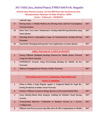 2017 IEEE Java, Android Projects,TMKS InfoTech, Bangalore
#1510,Sri Gowri Shankara Complex, 2nd Floor,MKK Road, Near Harishchandra Ghat,
Mariyappanapalya, Rajajinagar 2nd Stage, Bangalore - 560021.
Contact :: K.Manjunath -- 09535866270
Android Apps
17 Driving Styles: A Mobile Platform for Driving Styles and Fuel Consumption
Characterization
2017
18 Drive Now, Text Later: Nonintrusive Texting-while-Driving Detection using
Smart phones
2017
19 Detecting Driver’s Smartphone Usage via Non-intrusively Sensing Driving
Dynamics
2017
20 Zap Droid: Managing Infrequently Used Applications on Smart phones 2017
Adhoc Networks & VANET & MANET
1 Energy Efficient Multipath Routing Protocol for Mobile ad-hoc Network
Using the Fitness Function
2017
2 SUPERMAN: Security Using Pre-Existing Routing for Mobile Ad hoc
Networks
2017
3 Malware Propagations in Wireless Ad Hoc Networks 2017
Networking and Service Computing, Dependable and
Secure Computing
1 When to Make a Topic Popular Again? A Temporal Model for Topic Re-
hotting Prediction in Online Social Networks
2017
2 FastGeo: Efficient Geometric Range Queries on Encrypted Spatial Data 2017
3 Fuzzy Identity-Based Data Integrity Auditing for Reliable Cloud Storage
Systems
2017
4 Transactional Behavior Verification in Business Process as a Service
Configuration
2017
5 Efficient and Privacy-preserving Min and k-th Min Computations in Mobile 2017
 