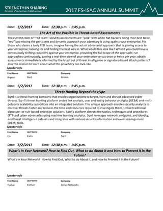 CompanyFirst Name Last Name
The Art of the Possible in Threat-Based Assessments
5/2/2017 12:30 p.m.Date: Time:
The current color of “red team” security assessments are “pink” with white-hat hackers doing their best to be
“red” but missing the persistent and dynamic approach your adversary is using against your enterprise. For
those who desire a truly RED team, imagine having the actual adversarial approach that is gaining access to
your enterprise; looking for and finding the best way in. What would this look like? What if you could have a
continuously shifting capability against your enterprise, providing the full scope of the approach; run
approaches continuously, gaining a real-time view of your enterprise versus once or twice per year; obtain
assessments immediately informed by the latest set of threat intelligence or signature-based attack patterns?
Join this session to learn about what this possibility can look like.
Speaker Info
1:45 p.m.-
GrimmBryson Bort
CompanyFirst Name Last Name
Threat Hunting Beyond the Hype
5/2/2017 12:30 p.m.Date: Time:
Sqrrl is a threat hunting company that enables organizations to target, hunt and disrupt advanced cyber
threats. Sqrrl’s threat hunting platform unites link analysis, user and entity behavior analytics (UEBA) and multi-
petabyte scalability capabilities into an integrated solution. This unique approach enables security analysts to
discover threats faster and reduces the time and resources required to investigate them. Unlike traditional
signature- or rule-based detection solutions, Sqrrl’s platform detects the tactics, techniques and procedures
(TTPs) of cyber-adversaries using machine learning analytics. Sqrrl leverages network, endpoint, and identity,
and threat intelligence datasets and integrates with various security information and event management
(SIEM) tools.
Speaker Info
1:45 p.m.-
SqrrlEly Kahn
CompanyFirst Name Last Name
What’s In Your Network? How to Find Out, What to do About it and How to Prevent it in the
Future?
5/2/2017 12:30 p.m.Date: Time:
What’s In Your Network? How to Find Out, What to do About it, and How to Prevent it in the Future?
Speaker Info
1:45 p.m.-
Attivo NetworksTushar Kothari
 