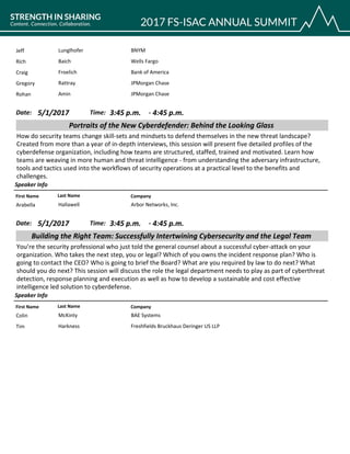 BNYMJeff Lunglhofer
Wells FargoRich Baich
Bank of AmericaCraig Froelich
JPMorgan ChaseGregory Rattray
JPMorgan ChaseRohan Amin
CompanyFirst Name Last Name
Portraits of the New Cyberdefender: Behind the Looking Glass
5/1/2017 3:45 p.m.Date: Time:
How do security teams change skill-sets and mindsets to defend themselves in the new threat landscape?
Created from more than a year of in-depth interviews, this session will present five detailed profiles of the
cyberdefense organization, including how teams are structured, staffed, trained and motivated. Learn how
teams are weaving in more human and threat intelligence - from understanding the adversary infrastructure,
tools and tactics used into the workflows of security operations at a practical level to the benefits and
challenges.
Speaker Info
4:45 p.m.-
Arbor Networks, Inc.Arabella Hallawell
CompanyFirst Name Last Name
Building the Right Team: Successfully Intertwining Cybersecurity and the Legal Team
5/1/2017 3:45 p.m.Date: Time:
You’re the security professional who just told the general counsel about a successful cyber-attack on your
organization. Who takes the next step, you or legal? Which of you owns the incident response plan? Who is
going to contact the CEO? Who is going to brief the Board? What are you required by law to do next? What
should you do next? This session will discuss the role the legal department needs to play as part of cyberthreat
detection, response planning and execution as well as how to develop a sustainable and cost effective
intelligence led solution to cyberdefense.
Speaker Info
4:45 p.m.-
BAE SystemsColin McKinty
Freshfields Bruckhaus Deringer US LLPTim Harkness
 