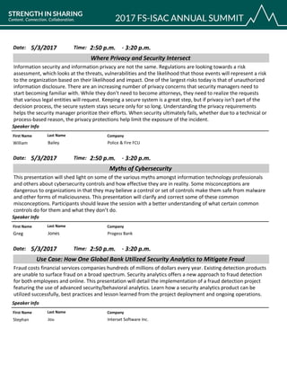 CompanyFirst Name Last Name
Where Privacy and Security Intersect
5/3/2017 2:50 p.m.Date: Time:
Information security and information privacy are not the same. Regulations are looking towards a risk
assessment, which looks at the threats, vulnerabilities and the likelihood that those events will represent a risk
to the organization based on their likelihood and impact. One of the largest risks today is that of unauthorized
information disclosure. There are an increasing number of privacy concerns that security managers need to
start becoming familiar with. While they don’t need to become attorneys, they need to realize the requests
that various legal entities will request. Keeping a secure system is a great step, but if privacy isn’t part of the
decision process, the secure system stays secure only for so long. Understanding the privacy requirements
helps the security manager prioritize their efforts. When security ultimately fails, whether due to a technical or
process-based reason, the privacy protections help limit the exposure of the incident.
Speaker Info
3:20 p.m.-
Police & Fire FCUWilliam Bailey
CompanyFirst Name Last Name
Myths of Cybersecurity
5/3/2017 2:50 p.m.Date: Time:
This presentation will shed light on some of the various myths amongst information technology professionals
and others about cybersecurity controls and how effective they are in reality. Some misconceptions are
dangerous to organizations in that they may believe a control or set of controls make them safe from malware
and other forms of maliciousness. This presentation will clarify and correct some of these common
misconceptions. Participants should leave the session with a better understanding of what certain common
controls do for them and what they don’t do.
Speaker Info
3:20 p.m.-
Progess BankGreg Jones
CompanyFirst Name Last Name
Use Case: How One Global Bank Utilized Security Analytics to Mitigate Fraud
5/3/2017 2:50 p.m.Date: Time:
Fraud costs financial services companies hundreds of millions of dollars every year. Existing detection products
are unable to surface fraud on a broad spectrum. Security analytics offers a new approach to fraud detection
for both employees and online. This presentation will detail the implementation of a fraud detection project
featuring the use of advanced security/behavioral analytics. Learn how a security analytics product can be
utilized successfully, best practices and lesson learned from the project deployment and ongoing operations.
Speaker Info
3:20 p.m.-
Interset Software Inc.Stephan Jou
 