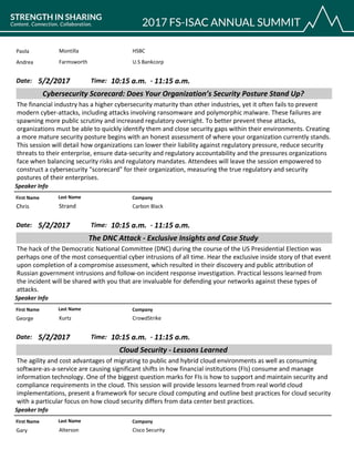 HSBCPaola Montilla
U.S BankcorpAndrea Farmsworth
CompanyFirst Name Last Name
Cybersecurity Scorecard: Does Your Organization’s Security Posture Stand Up?
5/2/2017 10:15 a.m.Date: Time:
The financial industry has a higher cybersecurity maturity than other industries, yet it often fails to prevent
modern cyber-attacks, including attacks involving ransomware and polymorphic malware. These failures are
spawning more public scrutiny and increased regulatory oversight. To better prevent these attacks,
organizations must be able to quickly identify them and close security gaps within their environments. Creating
a more mature security posture begins with an honest assessment of where your organization currently stands.
This session will detail how organizations can lower their liability against regulatory pressure, reduce security
threats to their enterprise, ensure data-security and regulatory accountability and the pressures organizations
face when balancing security risks and regulatory mandates. Attendees will leave the session empowered to
construct a cybersecurity “scorecard” for their organization, measuring the true regulatory and security
postures of their enterprises.
Speaker Info
11:15 a.m.-
Carbon BlackChris Strand
CompanyFirst Name Last Name
The DNC Attack - Exclusive Insights and Case Study
5/2/2017 10:15 a.m.Date: Time:
The hack of the Democratic National Committee (DNC) during the course of the US Presidential Election was
perhaps one of the most consequential cyber intrusions of all time. Hear the exclusive inside story of that event
upon completion of a compromise assessment, which resulted in their discovery and public attribution of
Russian government intrusions and follow-on incident response investigation. Practical lessons learned from
the incident will be shared with you that are invaluable for defending your networks against these types of
attacks.
Speaker Info
11:15 a.m.-
CrowdStrikeGeorge Kurtz
CompanyFirst Name Last Name
Cloud Security - Lessons Learned
5/2/2017 10:15 a.m.Date: Time:
The agility and cost advantages of migrating to public and hybrid cloud environments as well as consuming
software-as-a-service are causing significant shifts in how financial institutions (FIs) consume and manage
information technology. One of the biggest question marks for FIs is how to support and maintain security and
compliance requirements in the cloud. This session will provide lessons learned from real world cloud
implementations, present a framework for secure cloud computing and outline best practices for cloud security
with a particular focus on how cloud security differs from data center best practices.
Speaker Info
11:15 a.m.-
Cisco SecurityGary Alterson
 