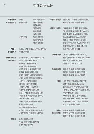 함께한 동료들
센터장 주드로(박주로)
공간문화팀 훈훈(임병훈)
곰(문현우)
쨈(권미정)
Q(박규형)
길(임종길)
청년지원팀 밀레(권진영)
알리(박지현)
옐런(이아름)
전효관, 강석, 황금영, 장수천, 장재완,
이민성, 박지연
광주청년센터, 구로노동자조사그룹,
국토연구원 도시연구본부,
금천구청 , 꿈지락네트워크,
대구시 청년센터, 대구시
청년정책과, 더숲 광주청년센터,
동북4구도시재생지원센터,
방물단, 블랭크, 서울NPO지원센터,
서울시설관리공단 홍보마케팅실,
서울시청 산업거점조성반
G밸리팀, 서울시 청년활동
지원센터, 서울시 청년허브,
서울특별시 협치서울추진단,
수륜아시아법률사무소, 순천시청
시민소통과, 아트큐브136 사무국,
SH공사 주거복지본부,
재나콘하우스, G밸리 발전협의회,
충남문화산업진흥원,
TBS, 한국문화관광연구원
창조여가연구실, 한국산업단지공단
서울지역본부, 협동조합 성북신나
구로노동자조사그룹,
위촉연구원(서아현, 장혜영),
한겨레 최우리 기자
무중력지대
G밸리 운영팀
서울시
청년정책과
협력기관/단체
(가나다순)
인터뷰
무중력 실험실
무중력 라이프
안테나 공간
안테나 투어
지음
그리고
고마운 분들
액션건축가 이슬기, 김희수, 박신영,
황순찬, 김지혜, 박현수, 송진아
「99%를 위한 경제학」 저자 김재수,
「당신이 계속 불편하면 좋겠습니다」
저자 홍승은, 예술가 홍승희, 「나는
오늘도 소진되고 있습니다」 저자
이진희, 「큐브, 칸막이 사무실의
은밀한 역사」 역자 김승진, 「차마 하지
못했던 말」 저자 유소연, <진저티
프로젝트> 고현진 팀장
안테나 공간 인공위성, 기타소리,
목련상점, 바까주까 스페이스, 악토버
핑거스, 맥주미학, 타이로띠,
더 비스킷 카페, 수 작업실
권지은, 이승혜, 박근영, 김나율,
여은미, 조미애, 송효웅, 김민아,
최유경, 최혜원, 박이수, 백지연
바까주까, 커피is뭔들, 붓을휘게,
금천아트소셜클럽, Dynamic,
올라운드크루, 떡잎머리, 삼준이들,
다!나와, 시시모, 쿡쿡쿡, 공연좋아해,
수준이찬명, 6,470원,
KKOH의 산다는 것은, 계절밥상,
찍먹, 미친놀댄, 자아찾기프로젝트,
초저녁밴드, 흥부자, April Second,
요나소, 지음지기, 참돔
고미랑, 곽혜신, 김수열, 류가은,
문정엽, 박민영, 박지은, 우정아,
이재현, 이호준, 정경윤, 조상현
16
 