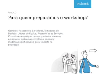 PÚBLICO
Para quem preparamos o workshop?
Gestores, Assessores, Servidores, Tomadores de
Decisão, Líderes de Equipe, Prestadores de Serviços,
Consultores e qualquer pessoa que tenha interesse
em resolver problemas complexos, implantar
mudanças significativas e gerar impacto na
sociedade.
 